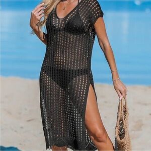Cupshe NWT L CROCHET Black V-Neck side slits midi SEXY Beach Cover-Up